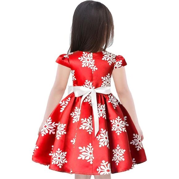 Toddler Baby Girls Christmas Snowflake Print Party Dresses with Bowknot Belt - Picture 6 of 6